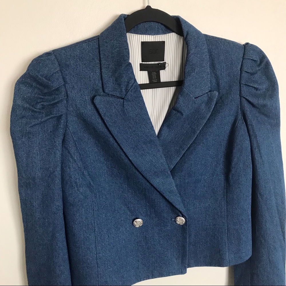500 Maison Cinqcent Denim Puff Sleeve Blazer Jacket Size Medium NWOT Cropped - Picture 2 of 12